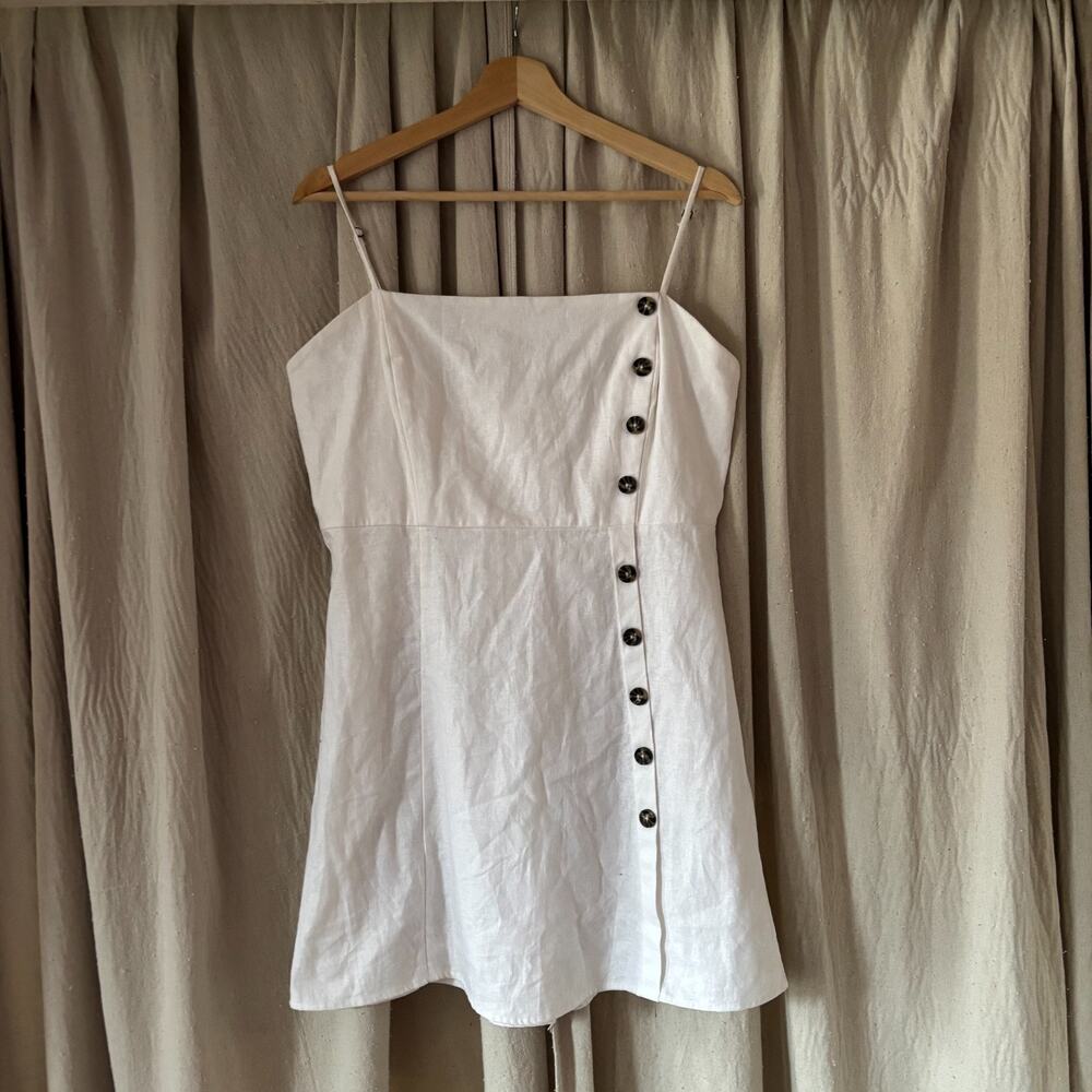 White‎ Linen Cotton Mini Dress Square Neck Button Detail Summer Strappy Size XL